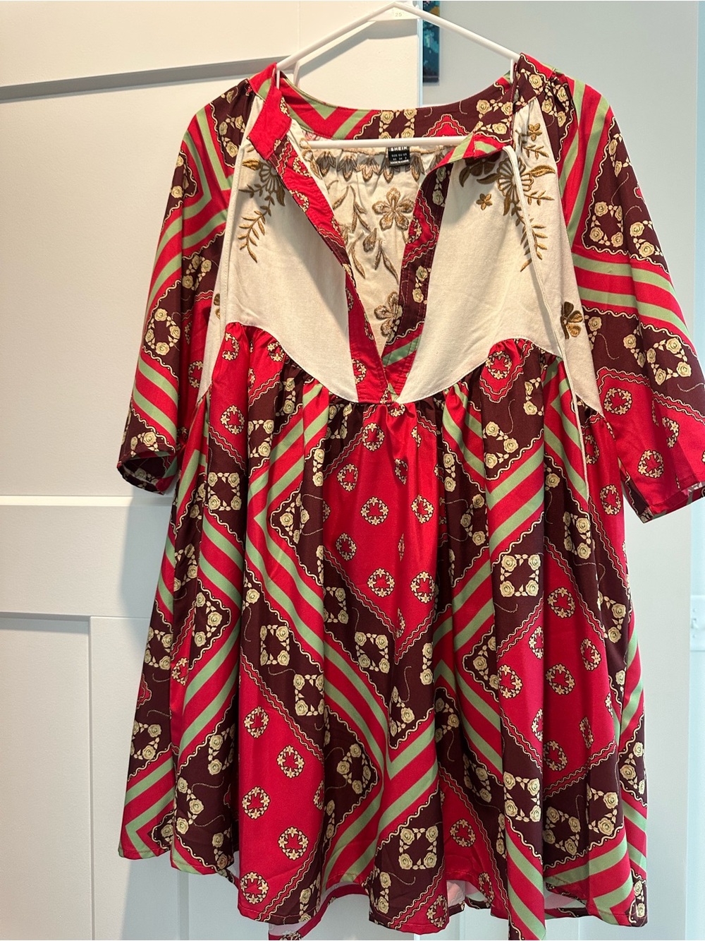 Red Printed mini dress with Cream Yoke